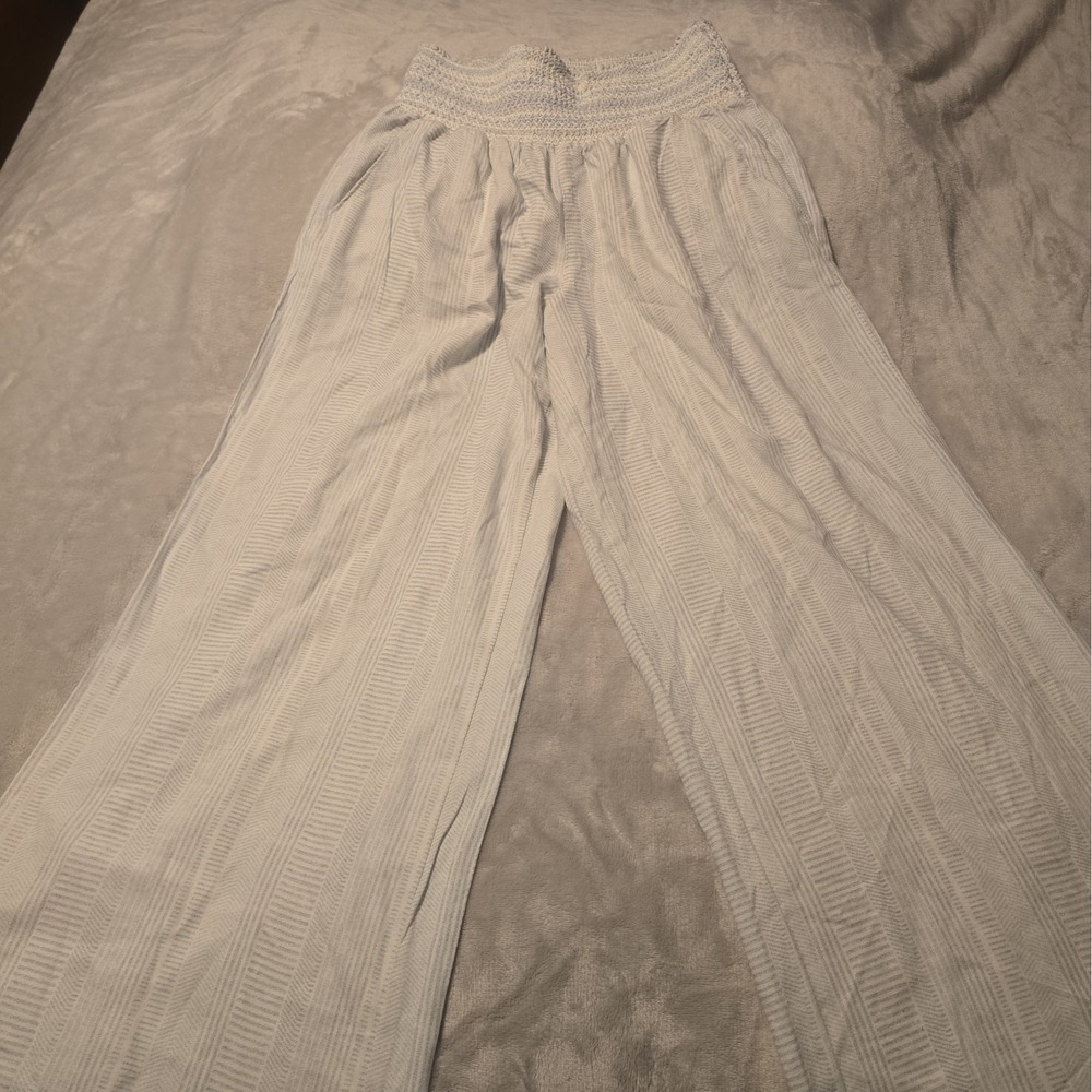Rewash Womens White Striped Linen Smocked Waist Elastic Wide Leg Pants Size M